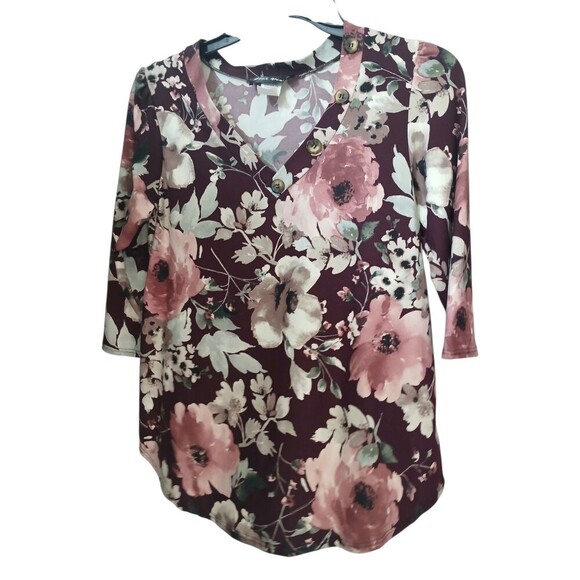 Altar'd State Tops - Altar  Vixen Floral Blouse Size Small Burgundy Pink 3/4 Sleeve Boho Top